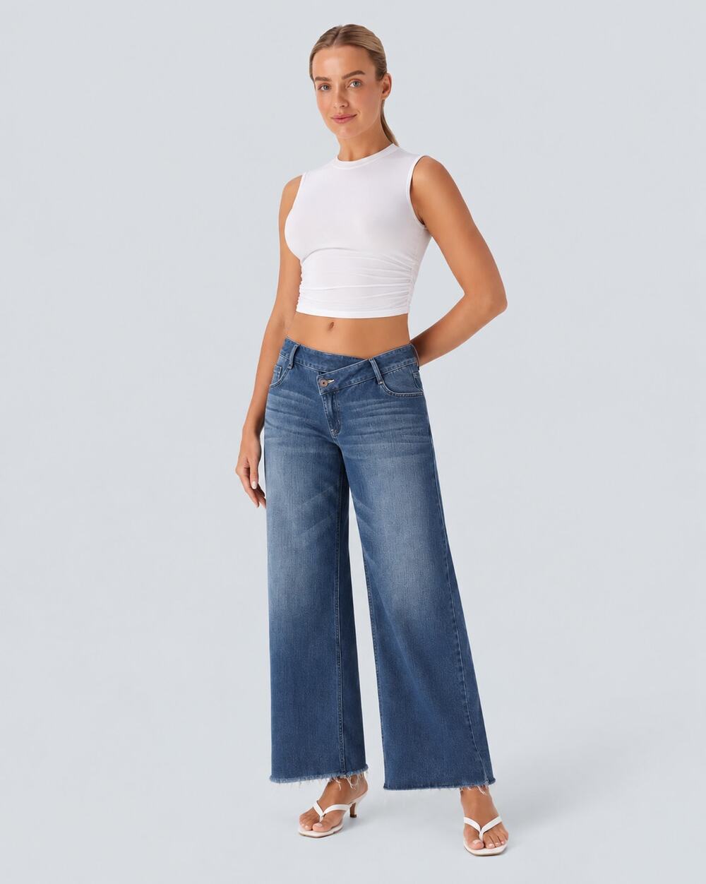 Halara Flex Asymmetric Waist Wide Leg Jeans XS Medium Wash Stretch 02710762
